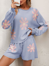 Load image into Gallery viewer, Floral Print Raglan Sleeve Knit Top and Tie Front Sweater Shorts Set
